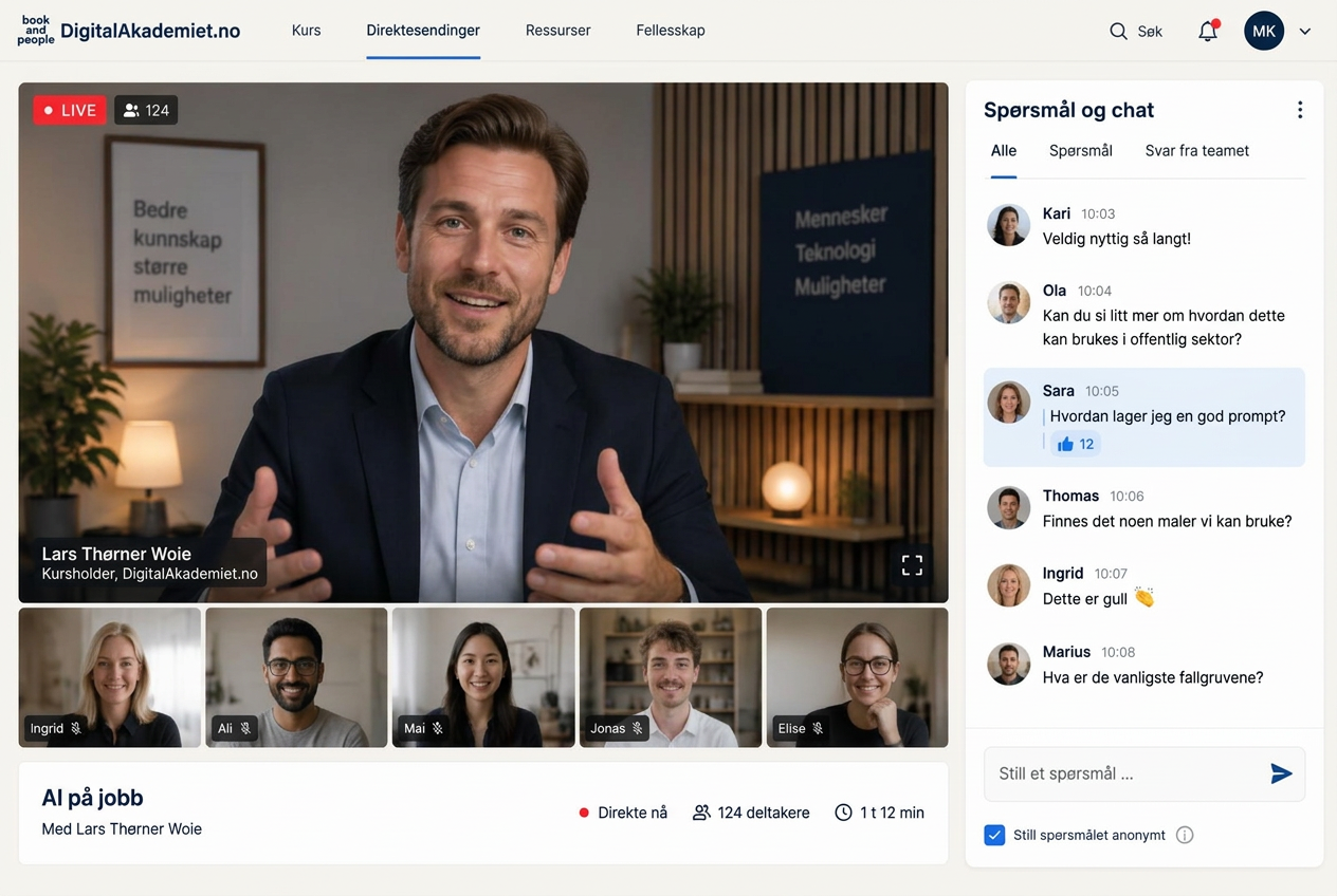 Eksempel: live undervisning med lærer på video og spørsmål i chatten